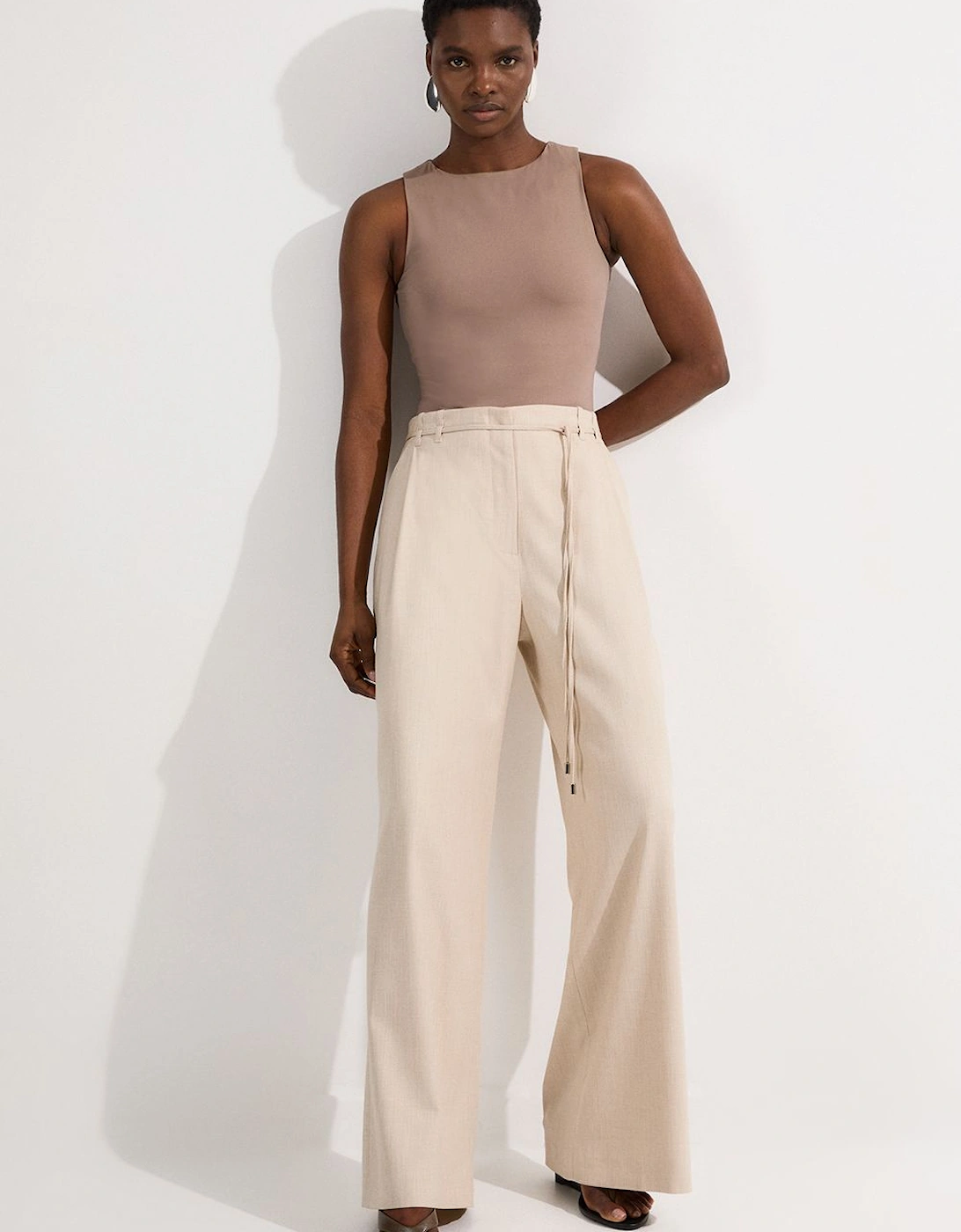 Petite Tailored Marl Tie Waist Detail Wide Leg Trouser, 2 of 1