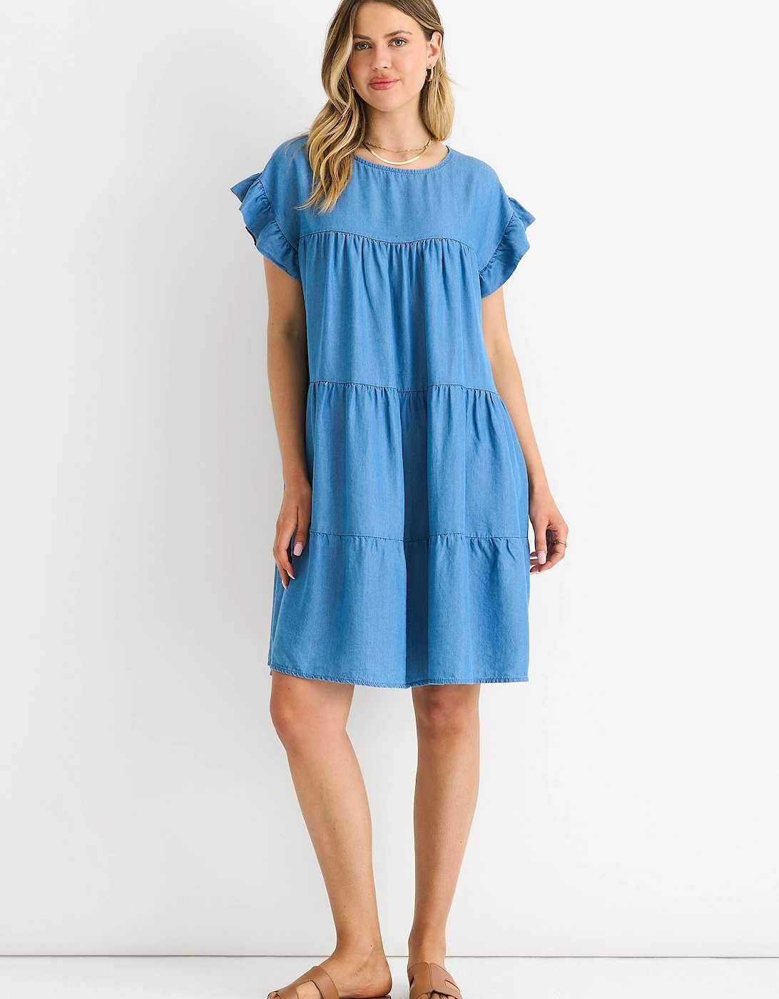 Denim Blue Chambray Frill Sleeves Flared Mini Dress, 2 of 1