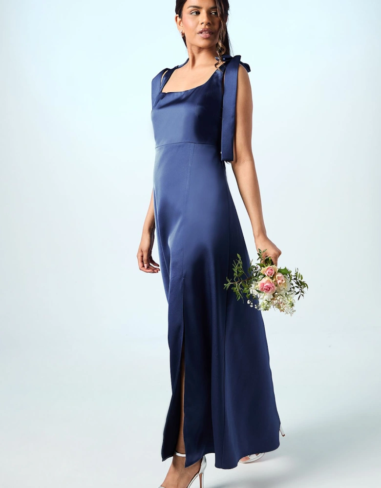 Petite Satin Tie Shoulder Midi Bridesmaid Dress