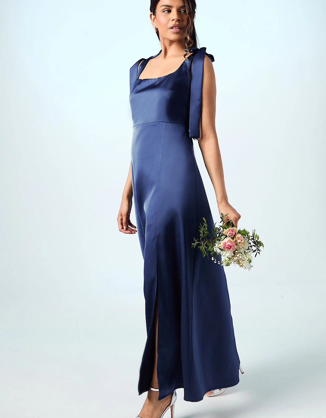 Petite Satin Tie Shoulder Midi Bridesmaid Dress, 2 of 1