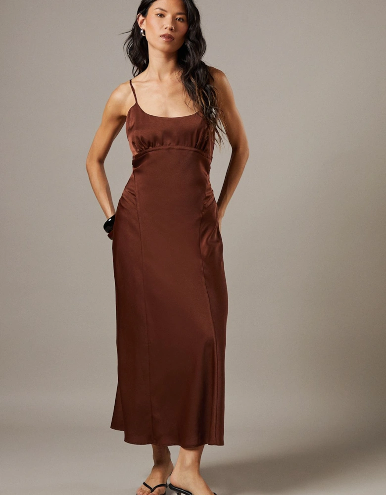 Satin Tie Bust Seam Strappy Midi Slip Dress