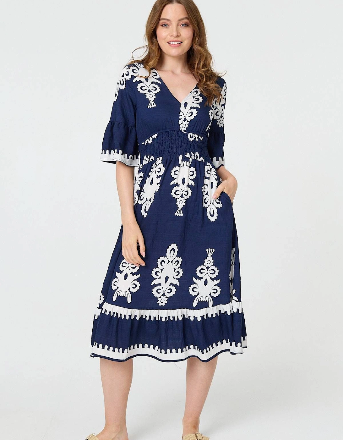 Ikat Print 1/2 Flared Sleeve Midi Dress, 2 of 1