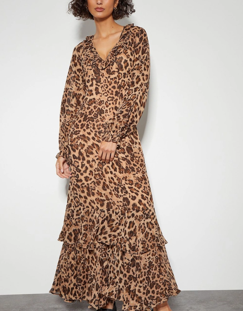 Rowena Leopard Print Ruffle Dress Brown