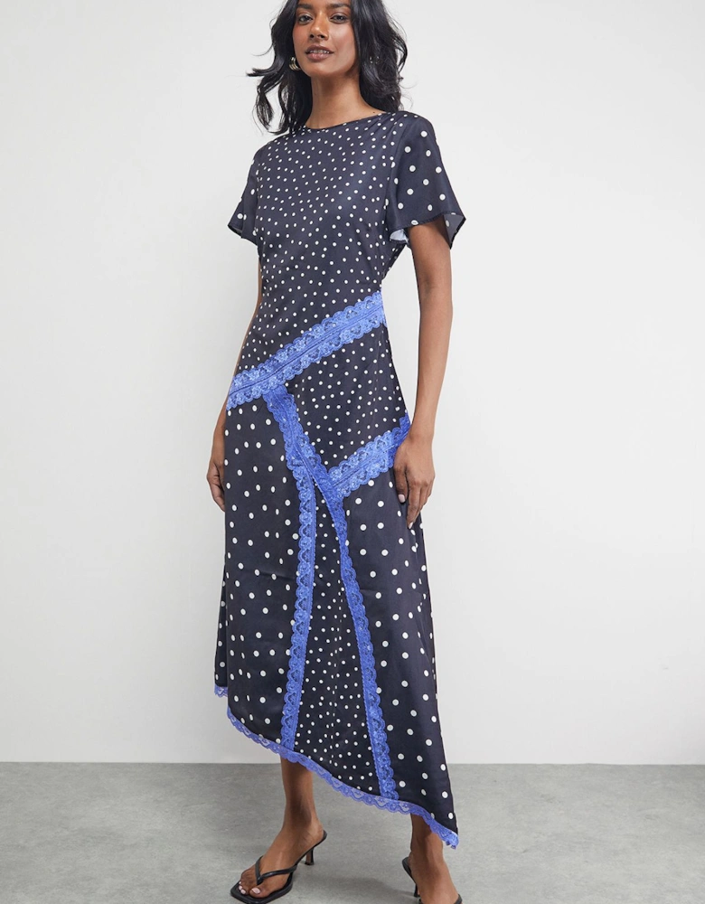 Satin Lace Panelled Asymmetric Midi Dress