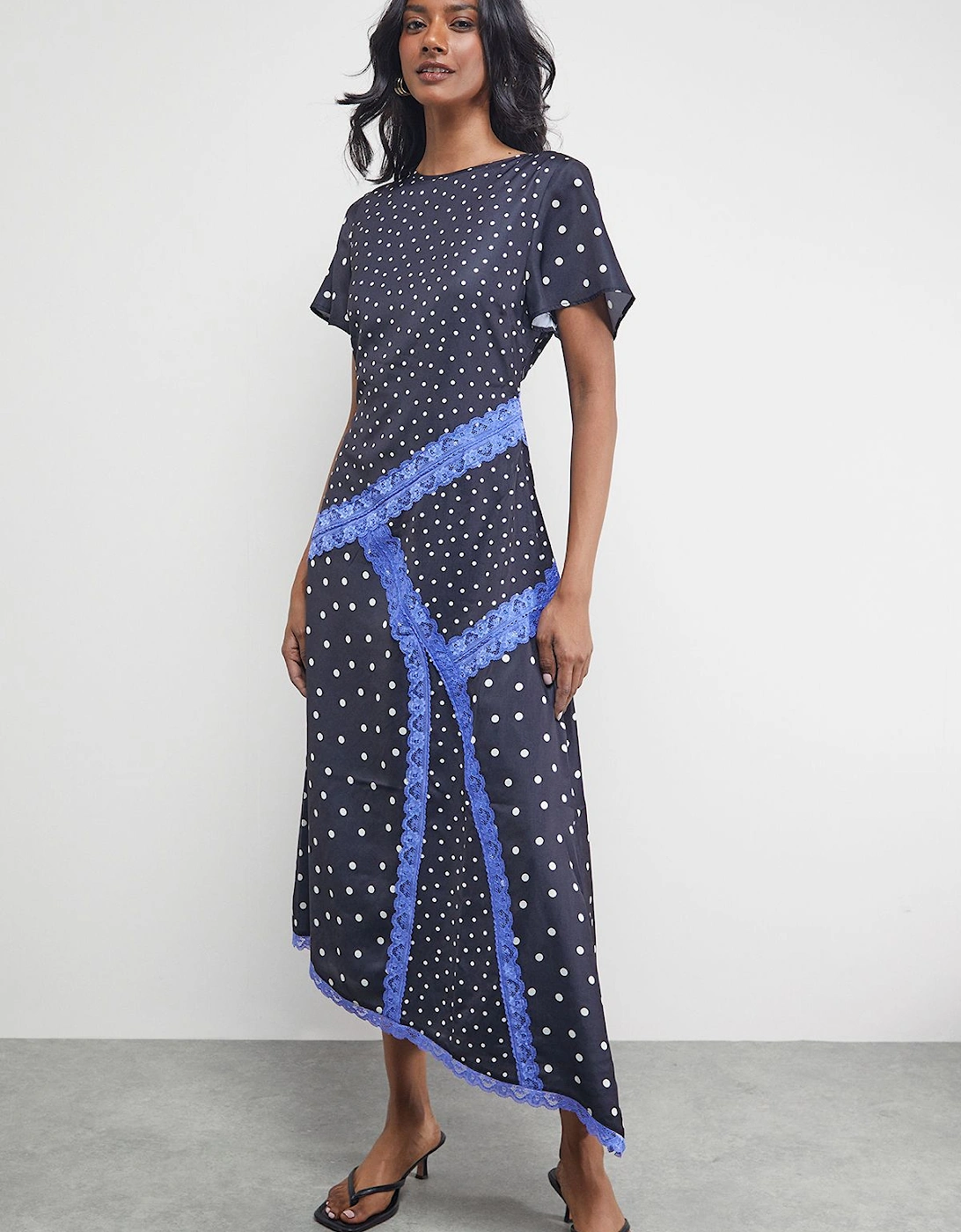 Satin Lace Panelled Asymmetric Midi Dress, 2 of 1