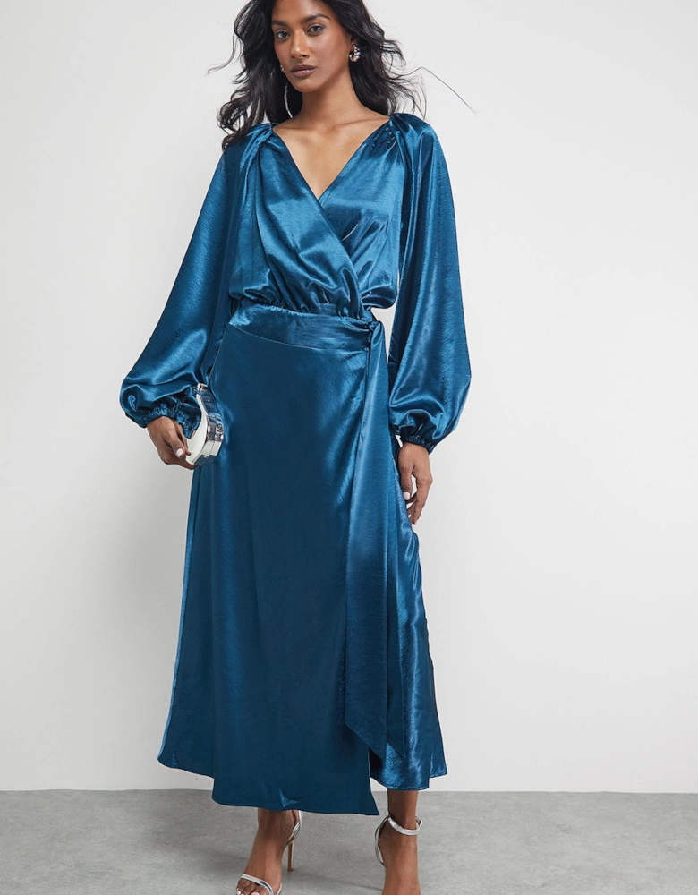 Satin Tie Waist Wrap Ruffle Tier Maxi Dress