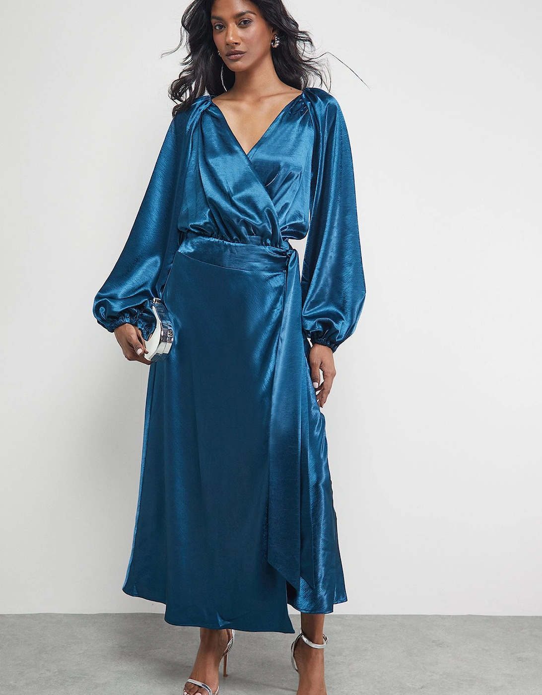 Satin Tie Waist Wrap Ruffle Tier Maxi Dress, 2 of 1