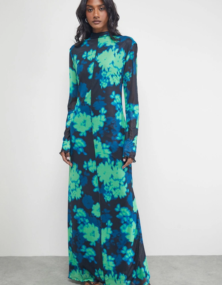 Print Mesh Lettuce Edge Maxi Dress