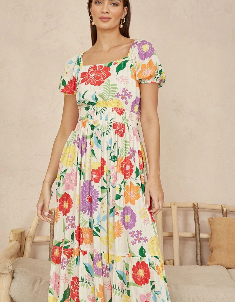 White Big Floral Midi Dress