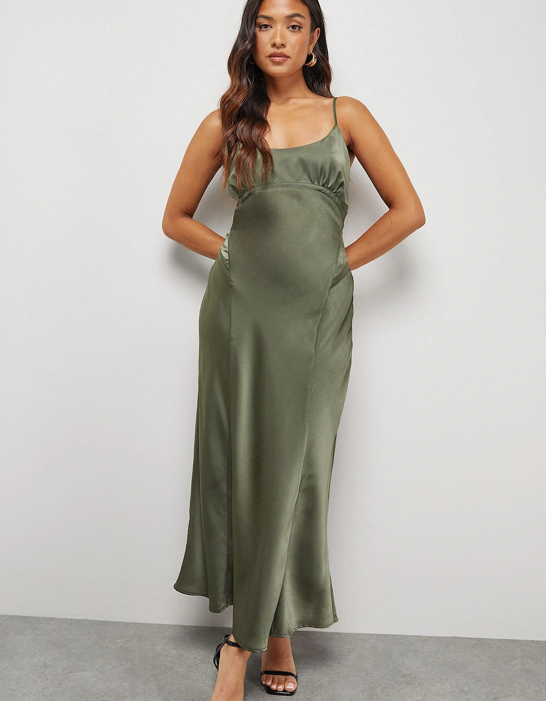 Petite Satin Tie Bust Seam Strappy Midi Slip Dress, 2 of 1