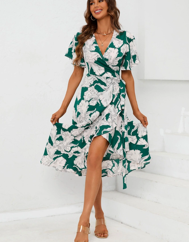 Printed Angel Sleeve Wrap Dress