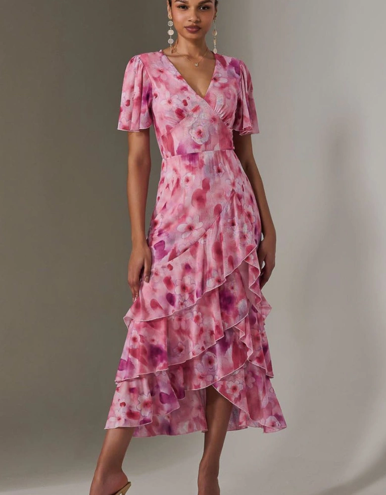 Mesh Print Frill Hem Midaxi Dress