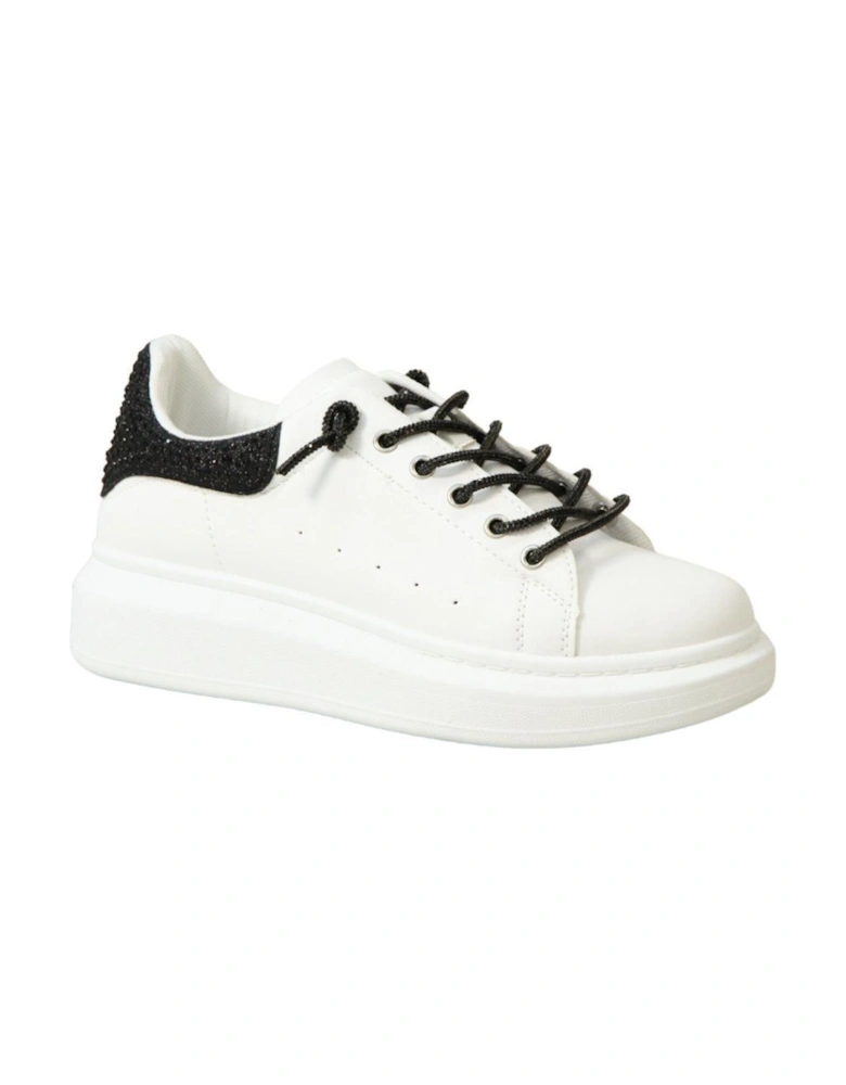 Fashion Comfort Glitter Sparkling Crystal Lace Up Flatform Wedge Trainers