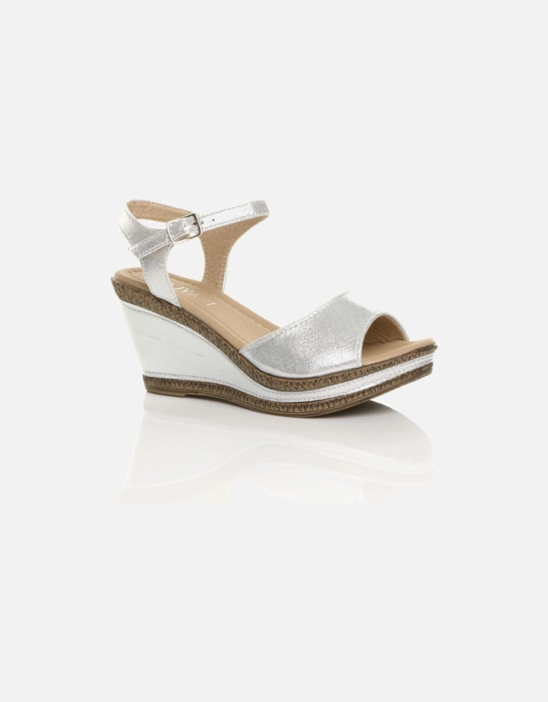 High  Heel Ankle Strap Cork Sandals Shimmer Wedges