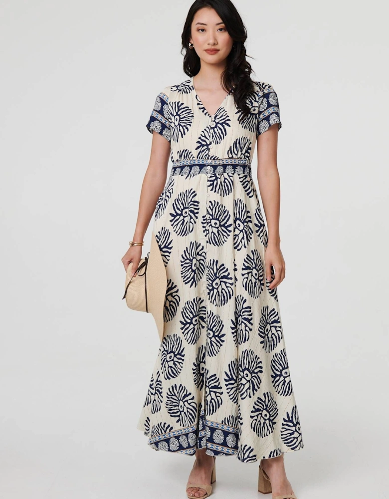Printed Short Sleeve Shirred Maxi Dress