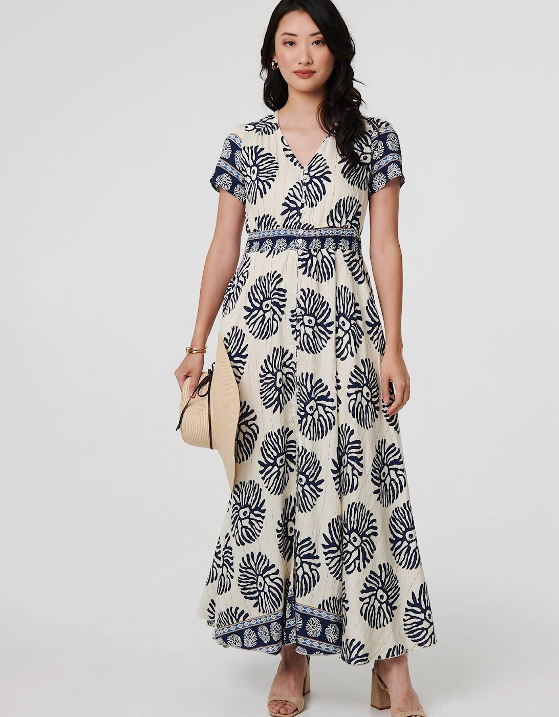 Printed Short Sleeve Shirred Maxi Dress, 2 of 1
