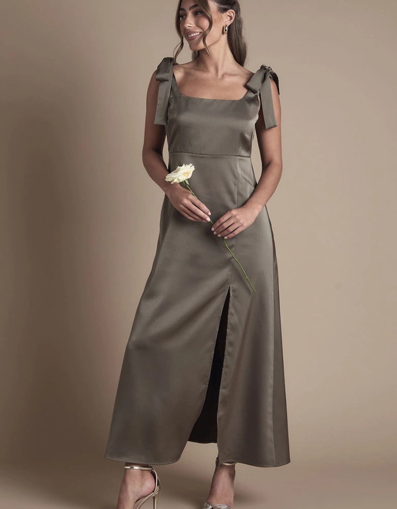 Petite Satin Tie Shoulder Midi Bridesmaid Dress