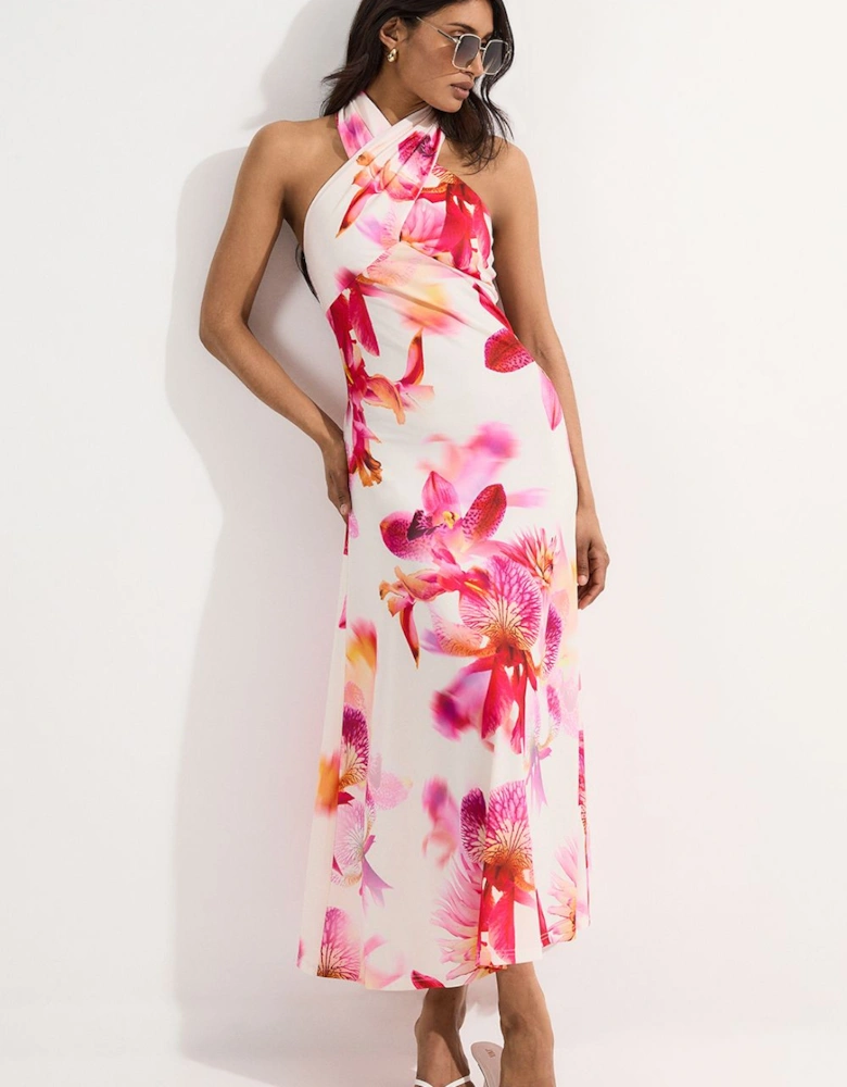 Abstract Floral Printed Jersey Crepe Twist Neckline Maxi Dress