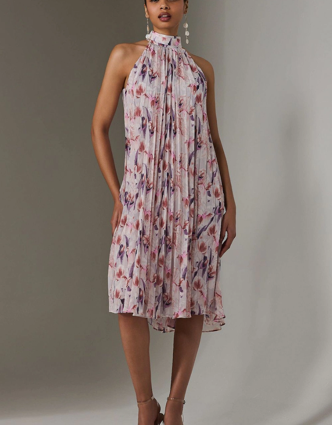 Pleated Halter Neck Midi Dress, 2 of 1