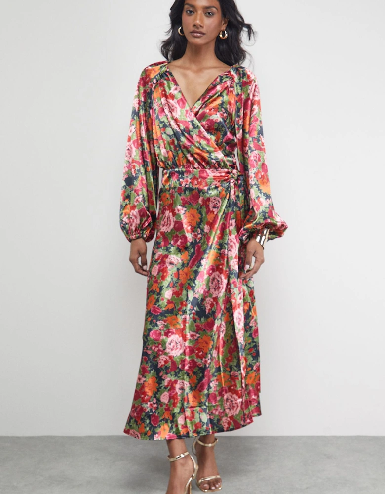 Satin Tie Waist Wrap Ruffle Tier Maxi Dress