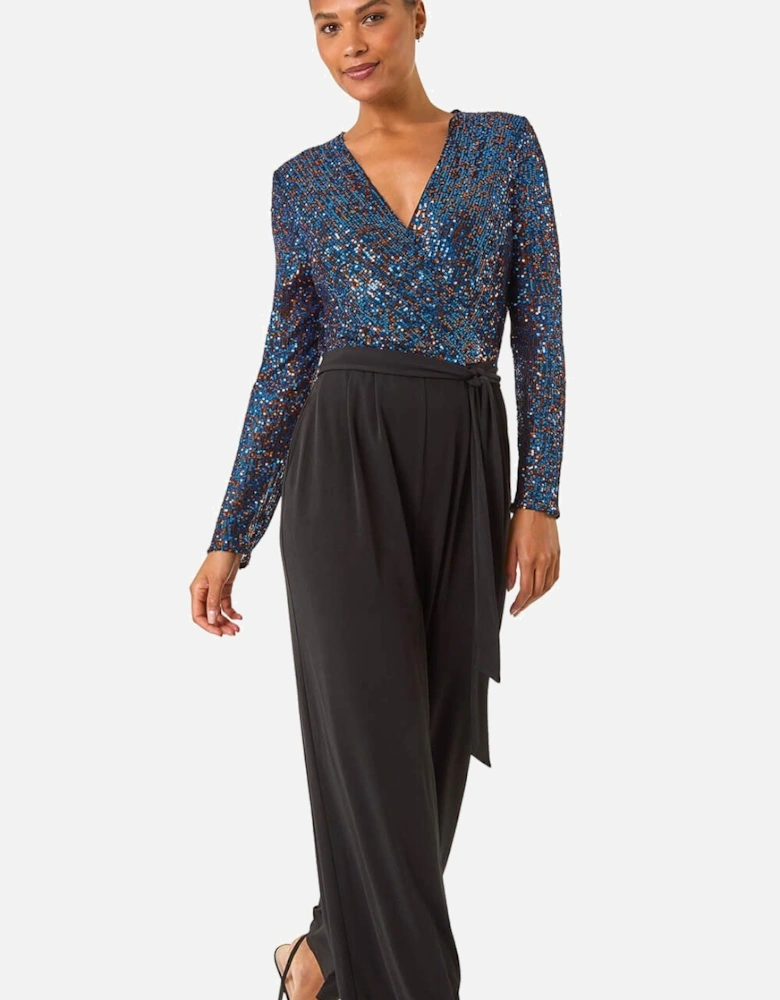 Sequin Wrap V-Neck Stretch Jumpsuit