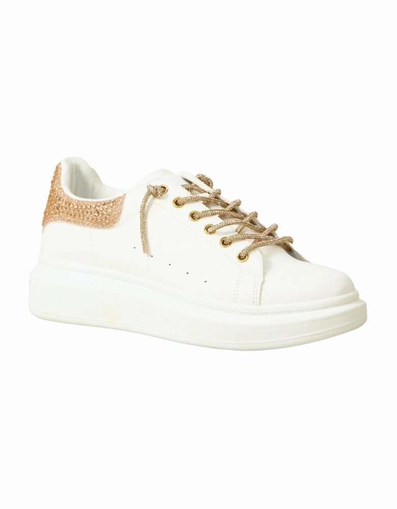Fashion Comfort Glitter Sparkling Crystal Lace Up Flatform Wedge Trainers