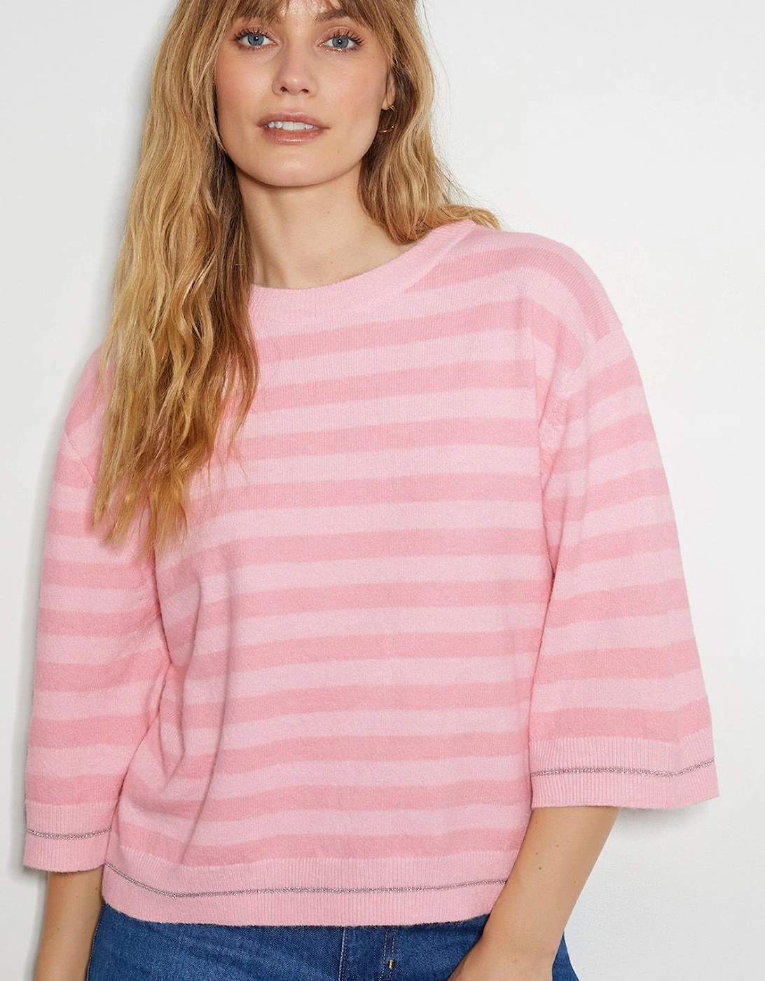 Sammi Stripe Crop Sleeve Jumper Pink, 2 of 1