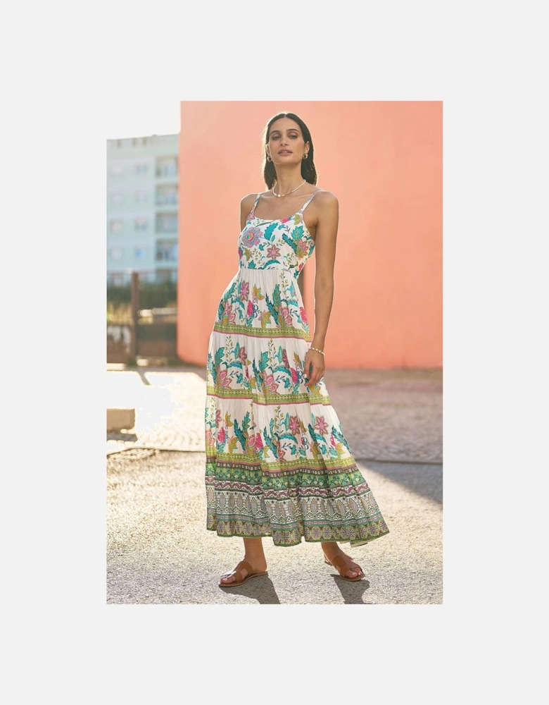 White Floral Block Print Tiered Maxi Sun Dress