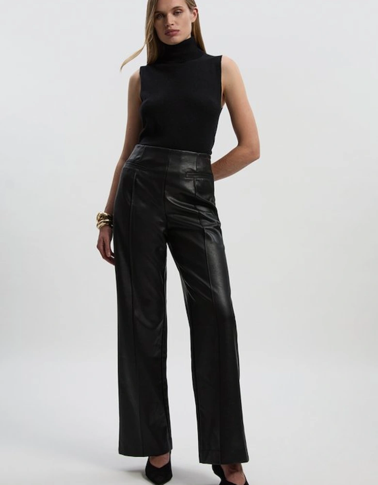 Faux Leather Seam Detail Wide Leg Tailored Trouser