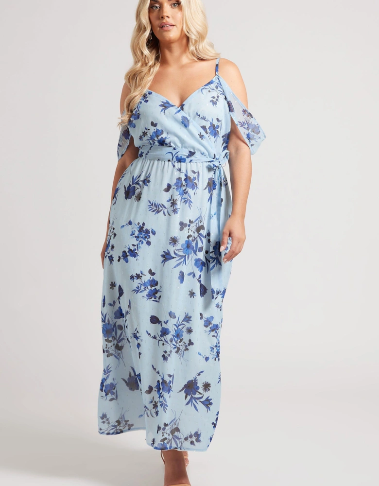 Metallic Floral Wrap Midaxi Dress