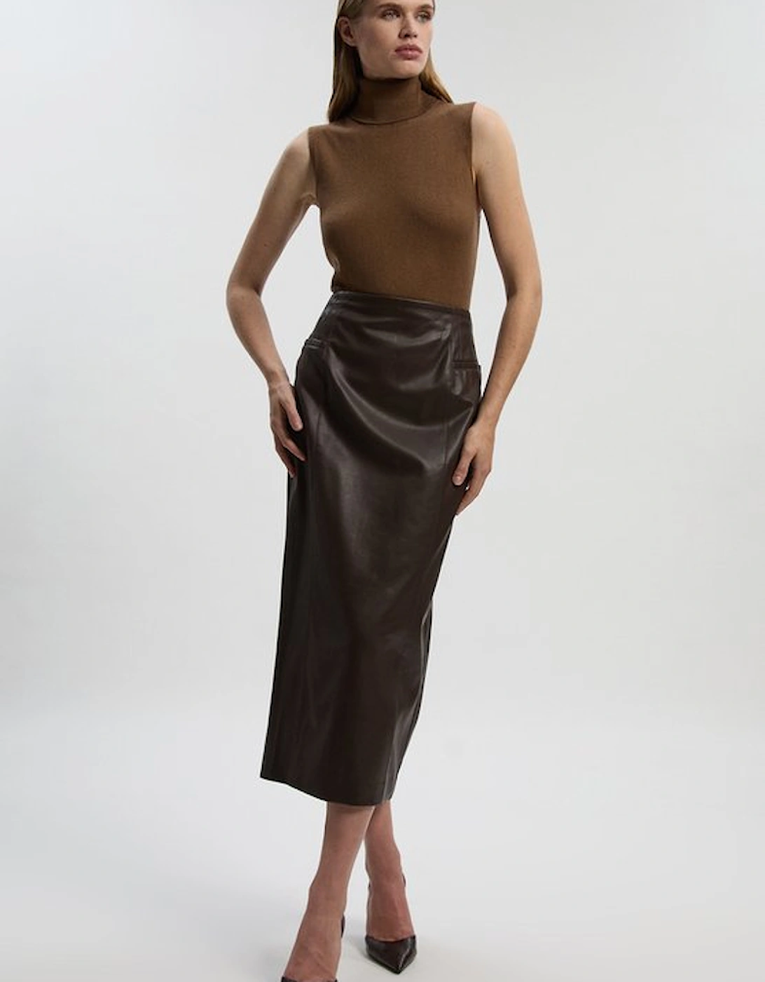 Faux Leather Seam Waist Detail Pencil Midi Skirt, 2 of 1