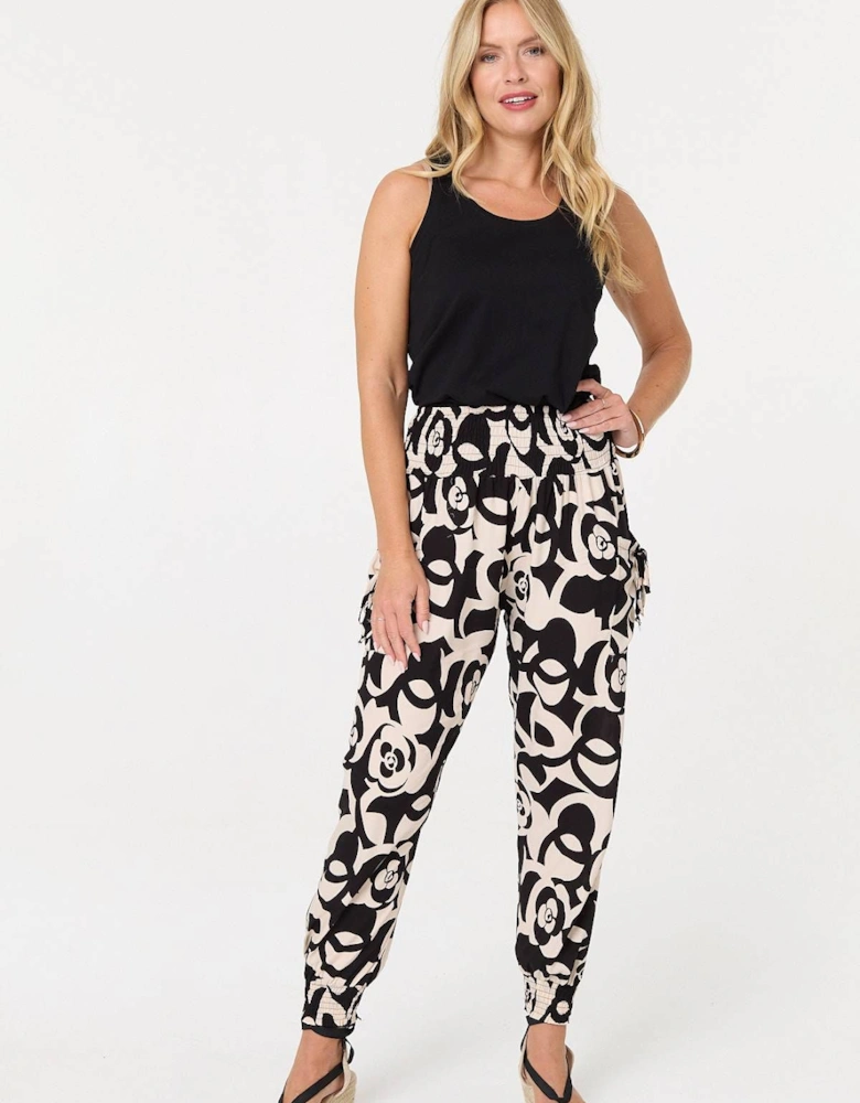 Printed Shirred High Waist Harem Pants