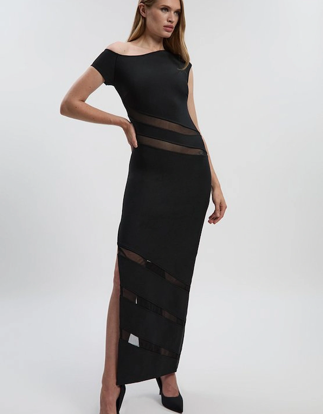 Asymmetric Neck Figure Form Mesh Panel Maxi Dress, 2 of 1