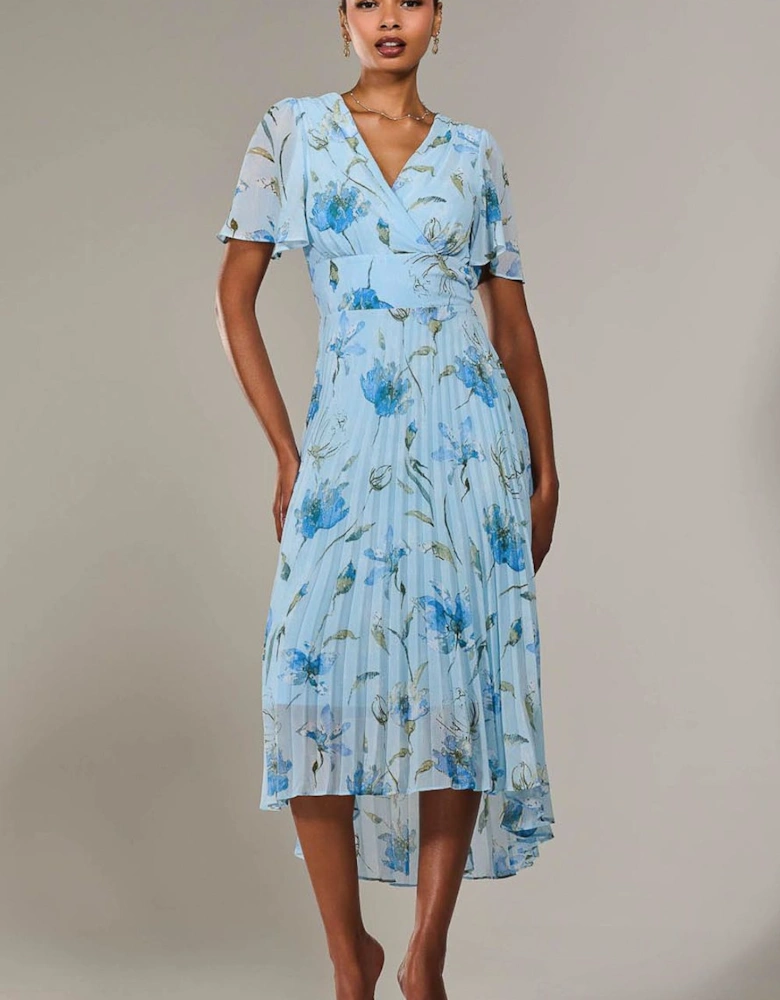 Angel Sleeve Pleated Chiffon Maxi Dress