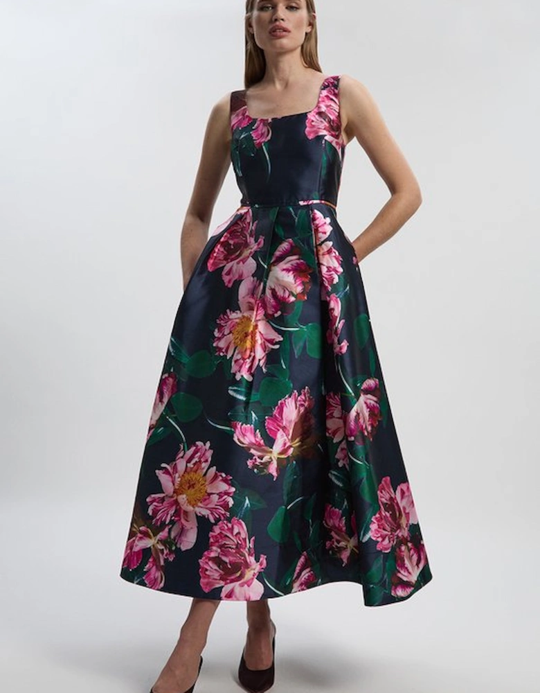 Romantic Floral Print Prom Woven Maxi Dress