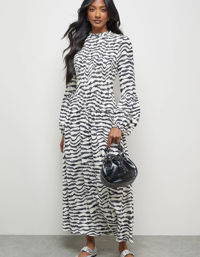 Satin Shirred Bodice Balloon Sleeve Midi Dress