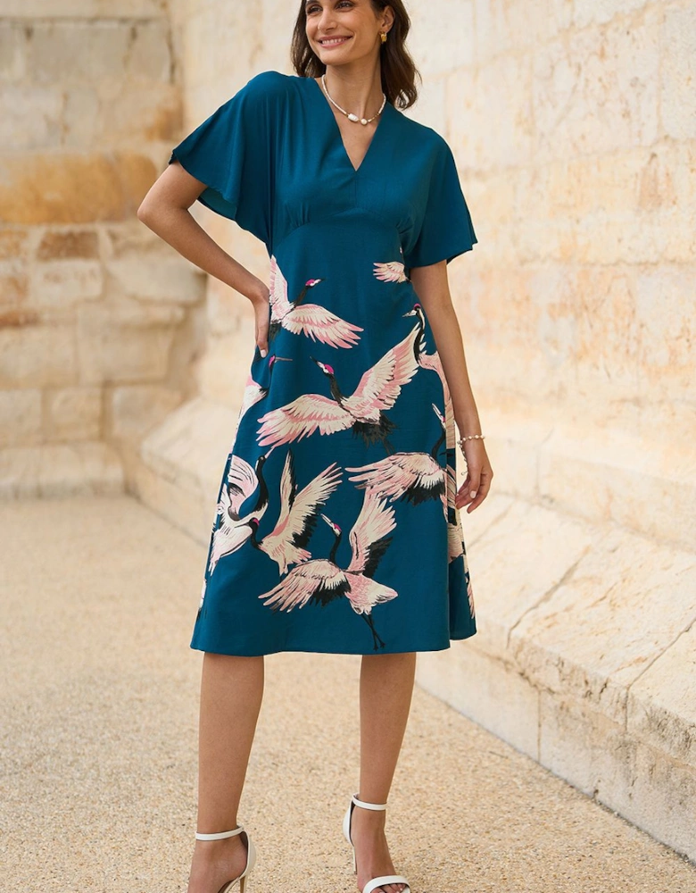 Teal Recycled Fabric Crane Print Kimono Midi Dress
