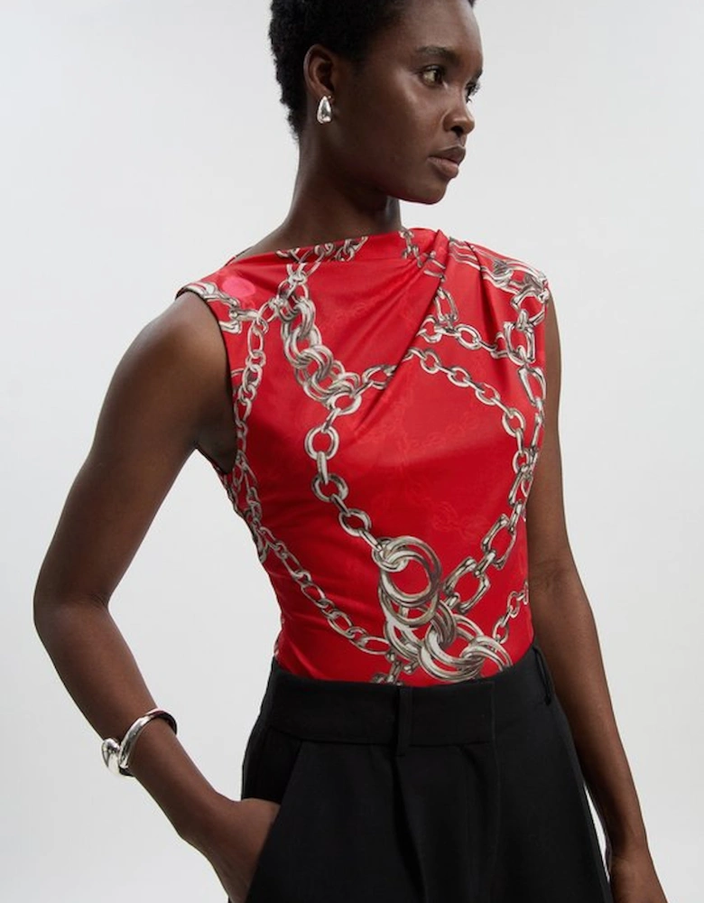 Chain Print Crepe Asymmetric Neck Sleeveless Top