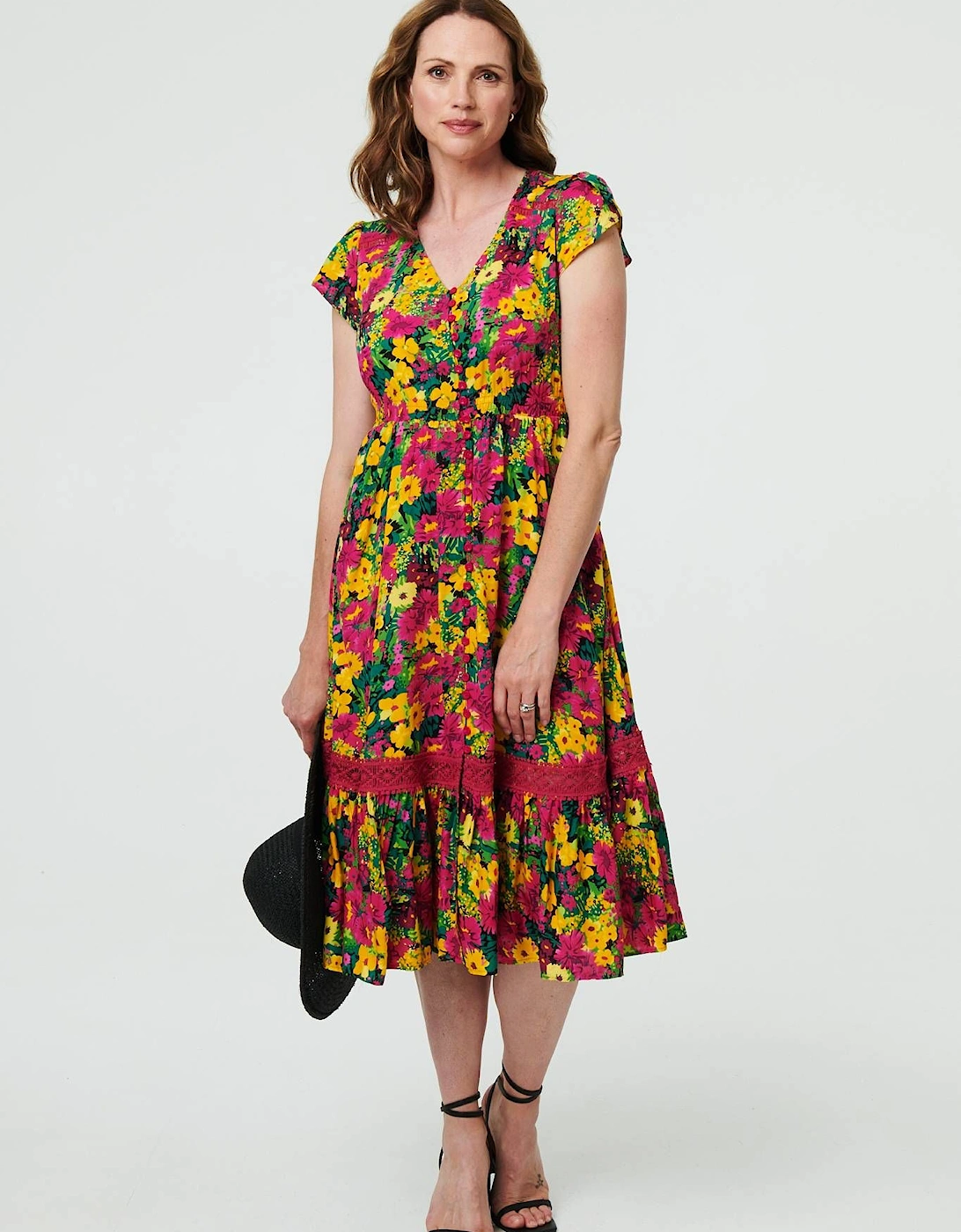Floral Lace Trim Cap Sleeve Midi Dress, 2 of 1