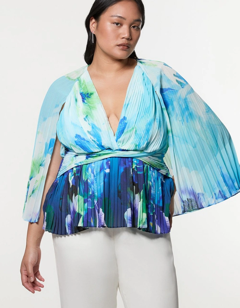 Plus Size Ombre Floral Soft Pleated Woven Blouse With Cape