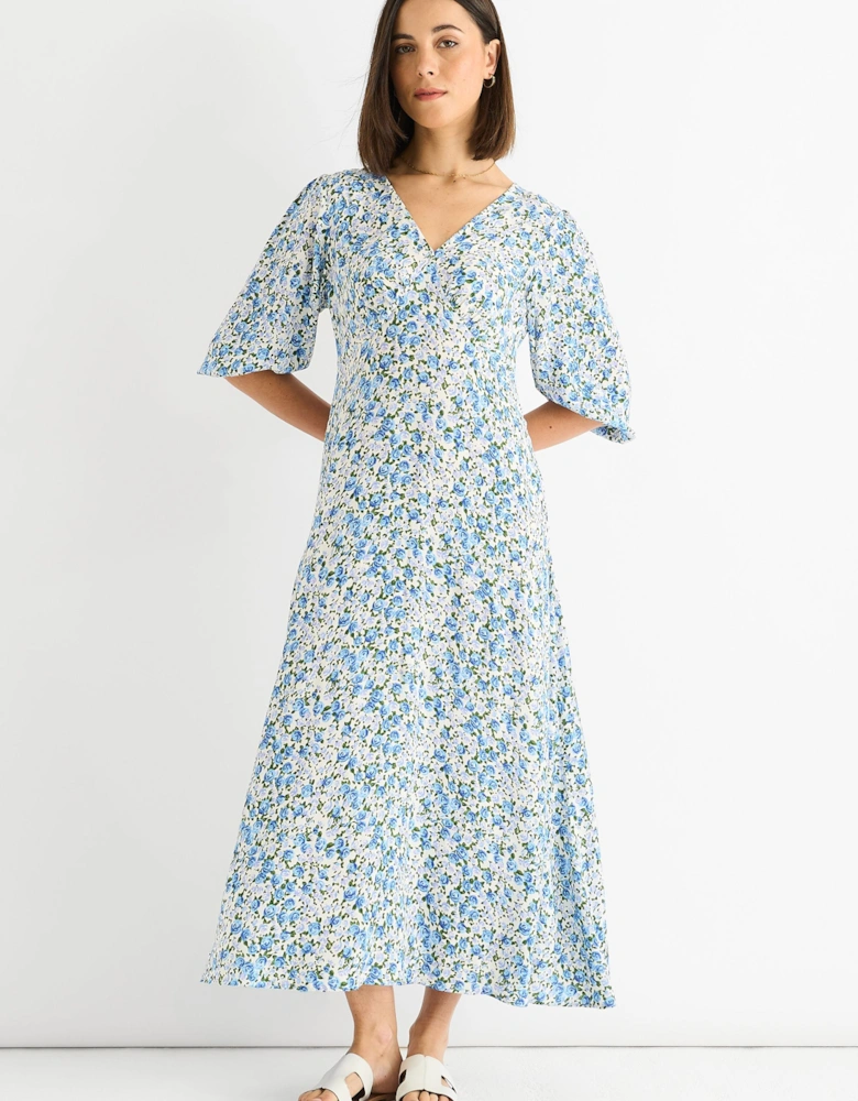 Blue Floral Print Viscose Midi Dress