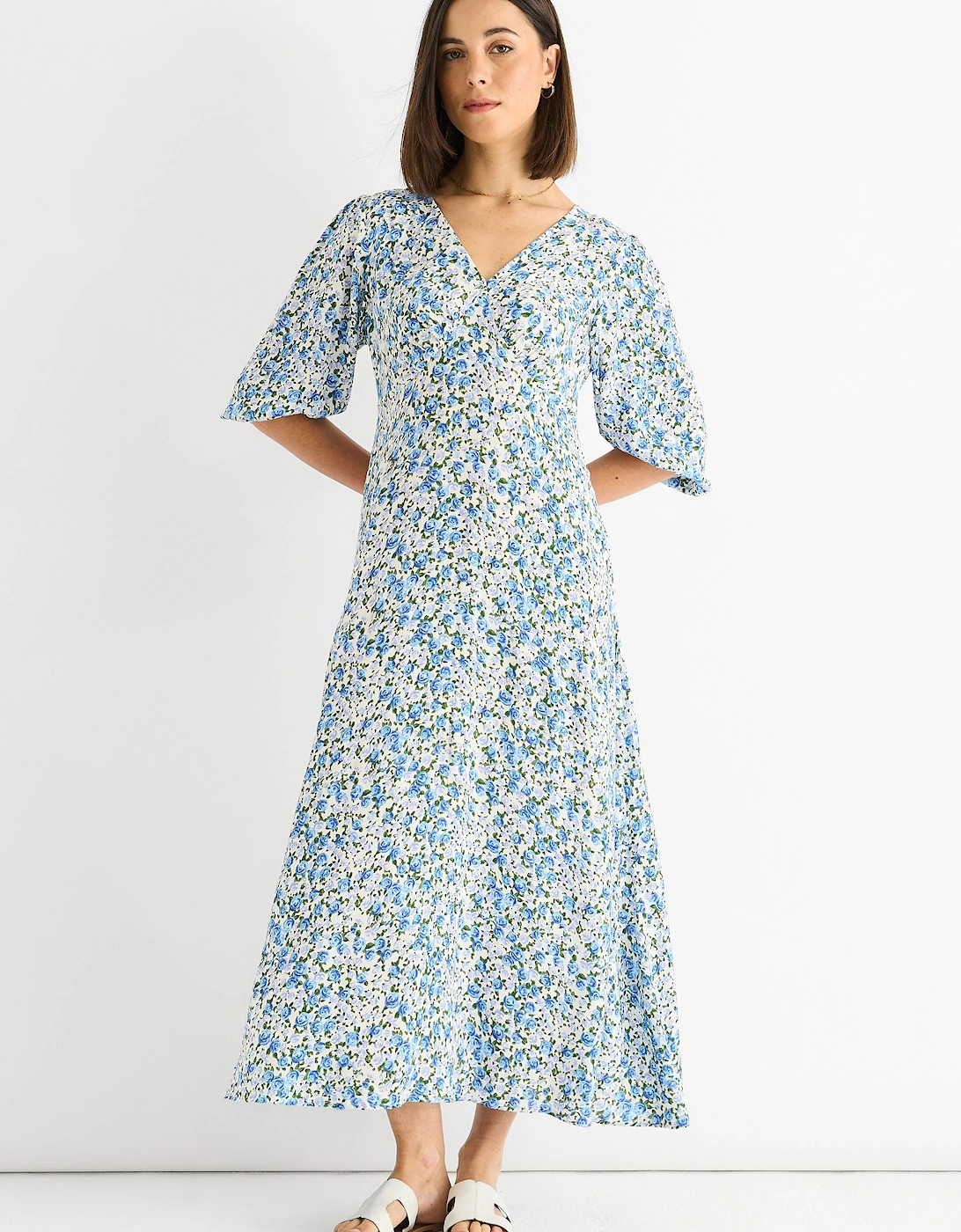 Blue Floral Print Viscose Midi Dress, 2 of 1