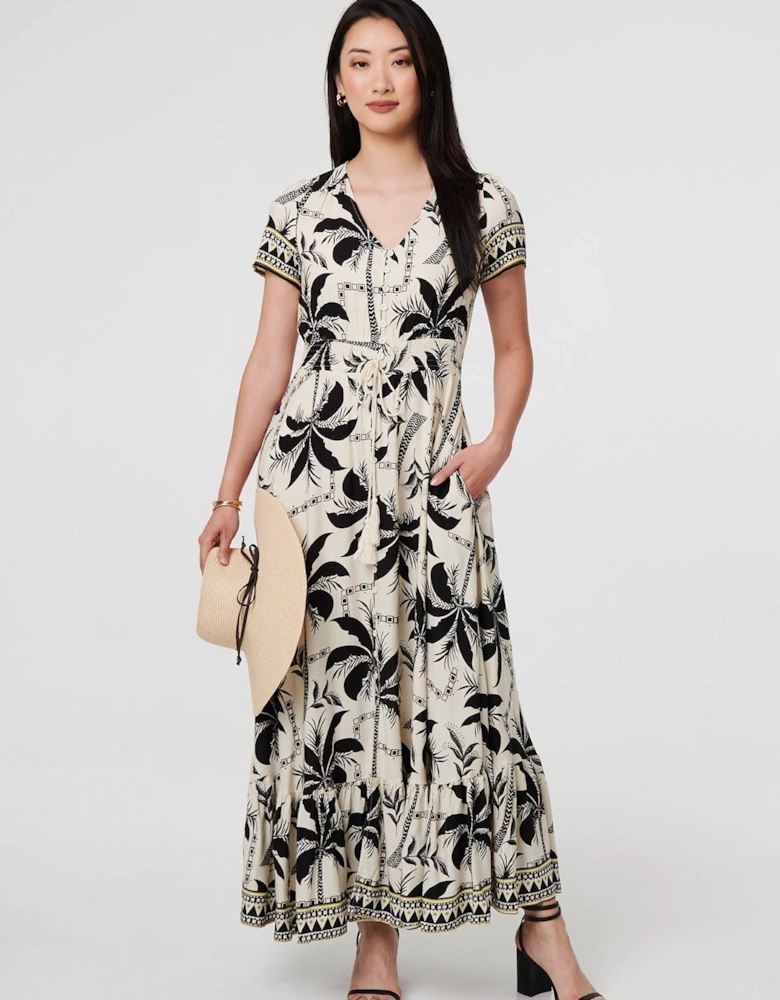 Leaf Print Short Sleeve Maxi Smock Dress