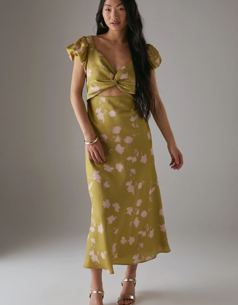 Petite Satin Knot Front Cut Out Midi Dress