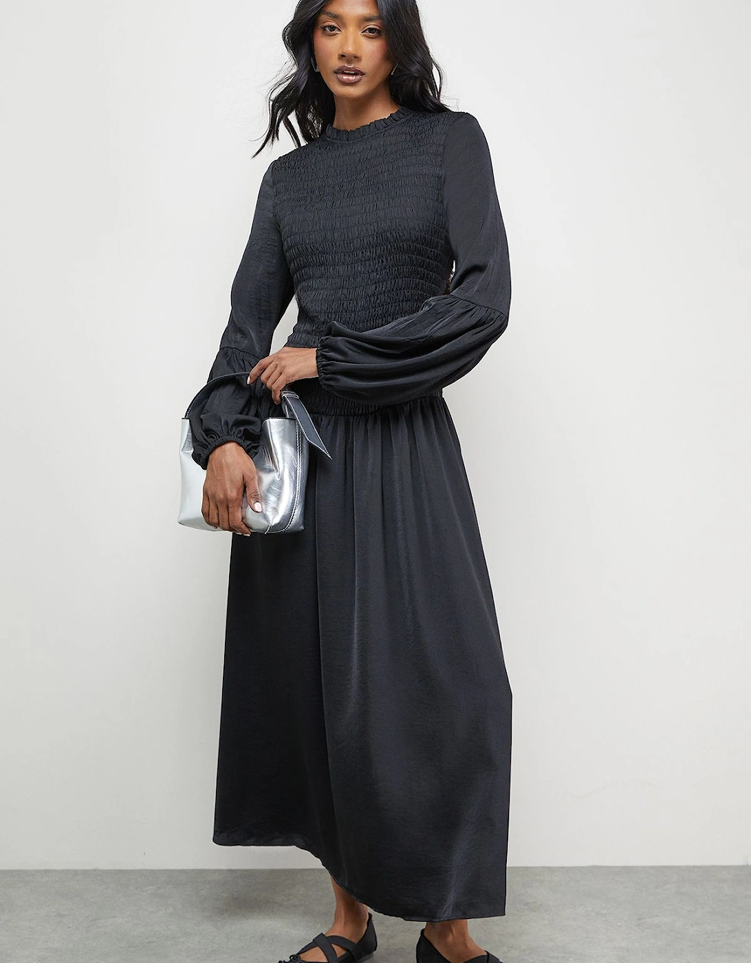 Satin Shirred Bodice Balloon Sleeve Midi Dress, 2 of 1