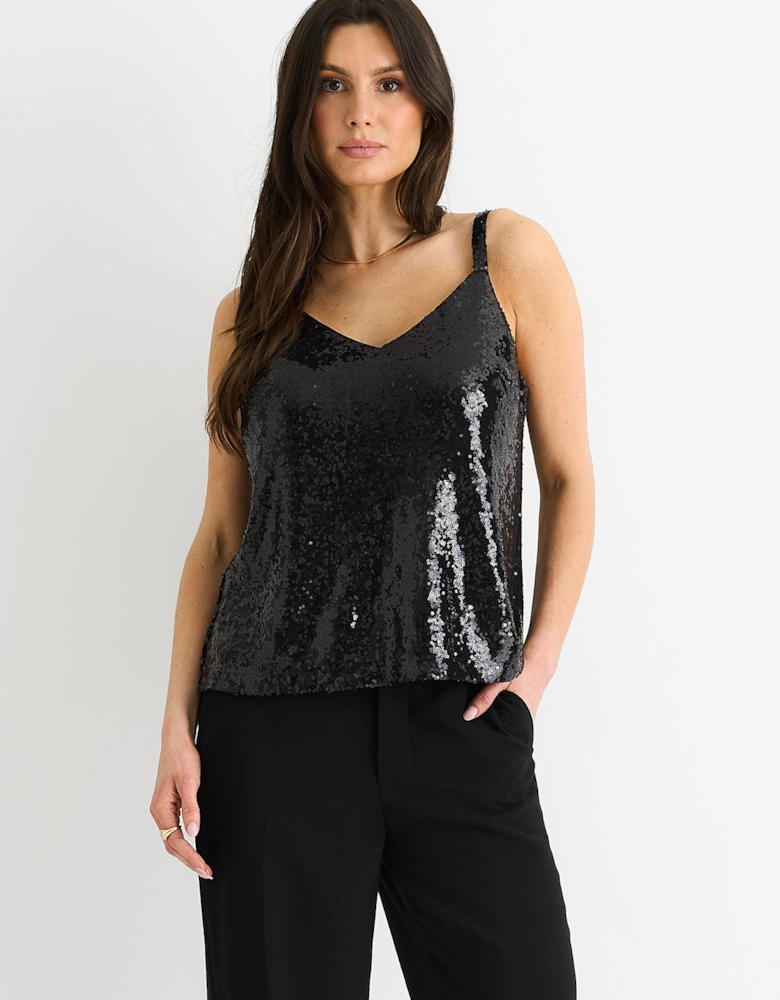 Black Sequin V Neck Cami Top