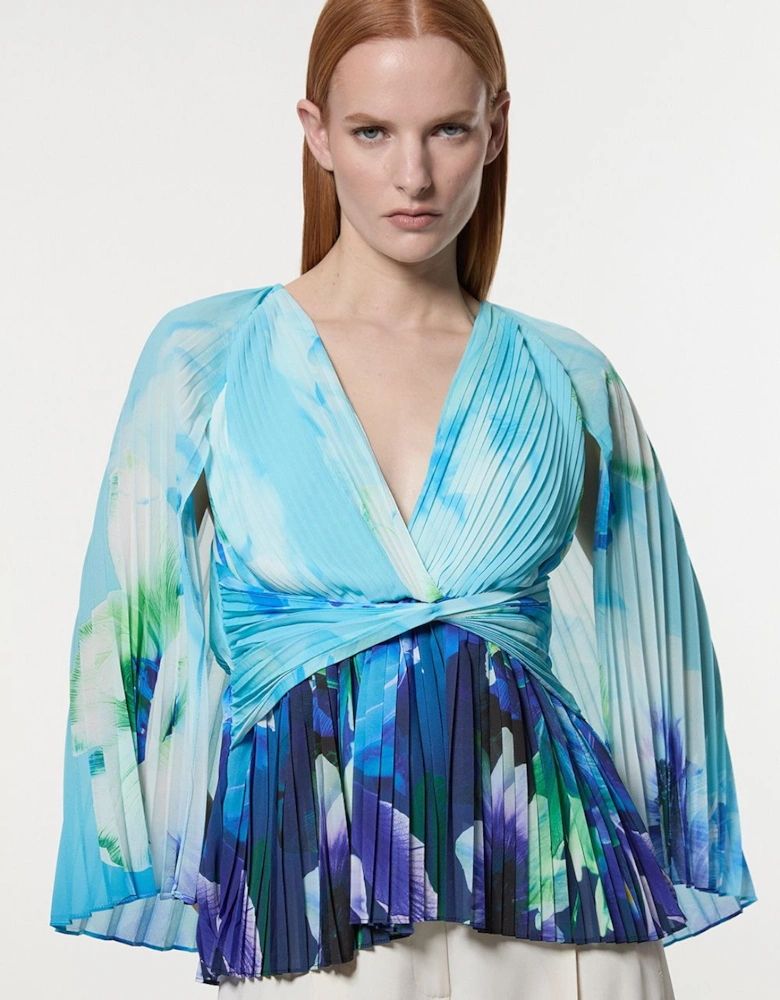 Ombre Floral Soft Pleated Woven Blouse With Cape