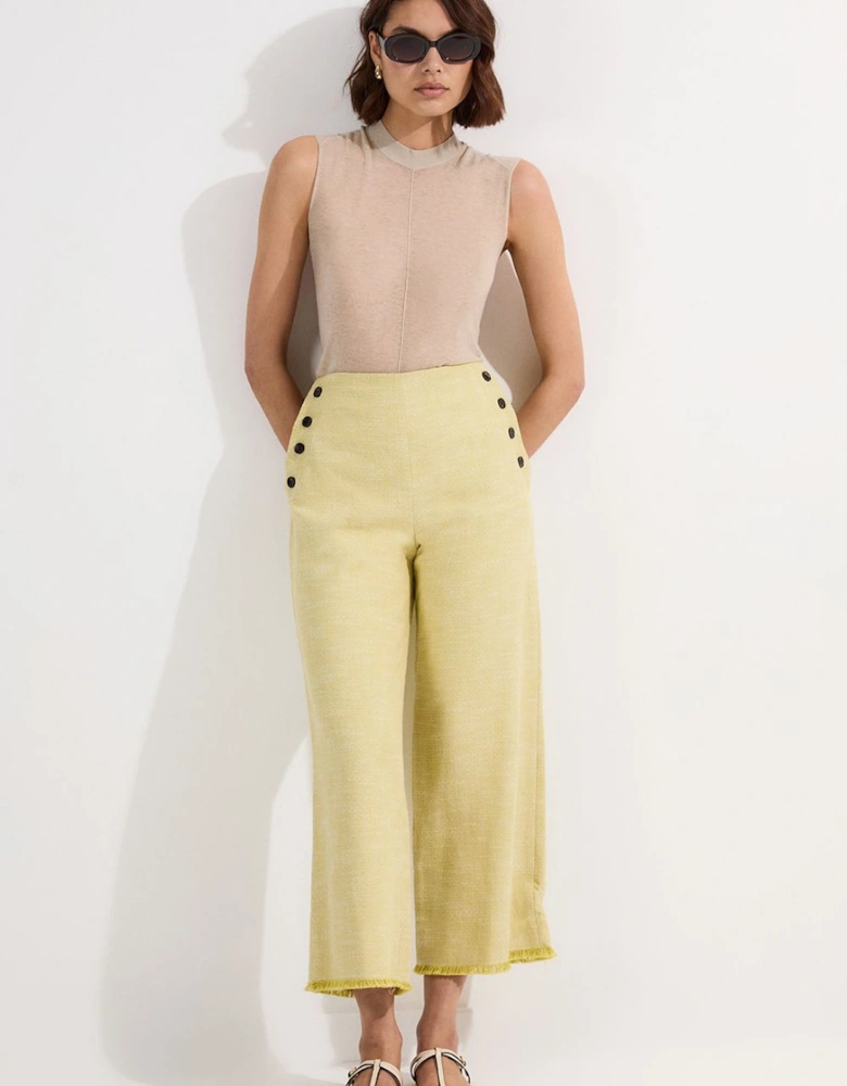 Spring Tweed Tailored Button Detail Cropped Wide Leg Trouser