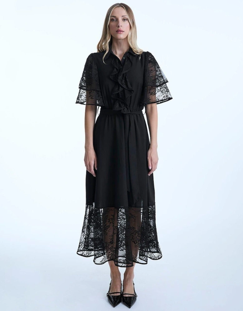 Front Lace Ruffle Midi Dress