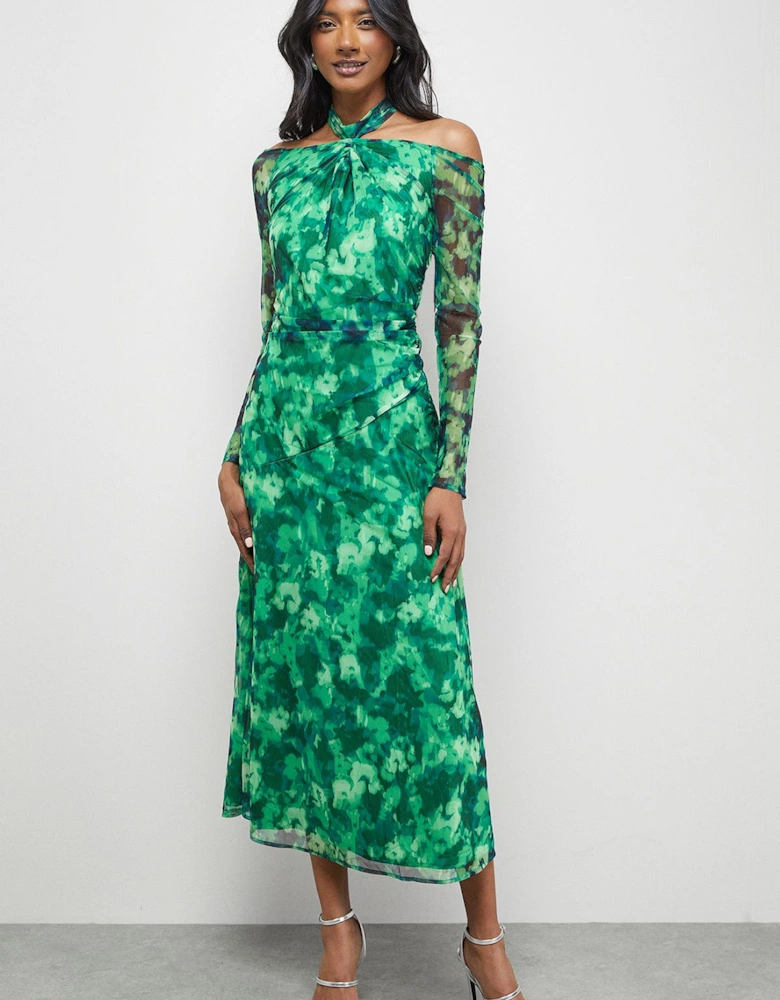 Print Twist Mesh Midi Dress